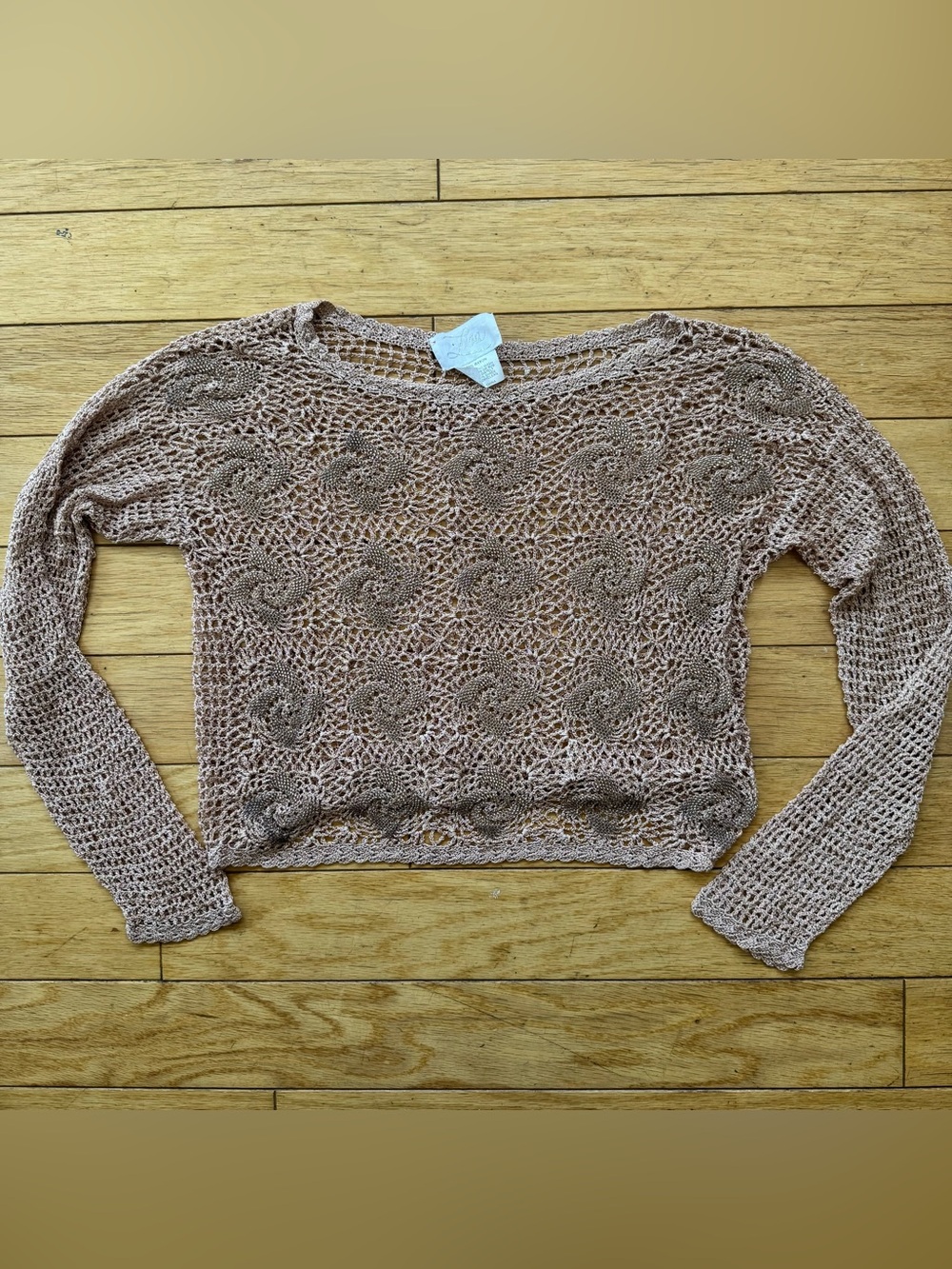 Vintage Y2K Beige Crochet Mesh Long Sleeve Top | S